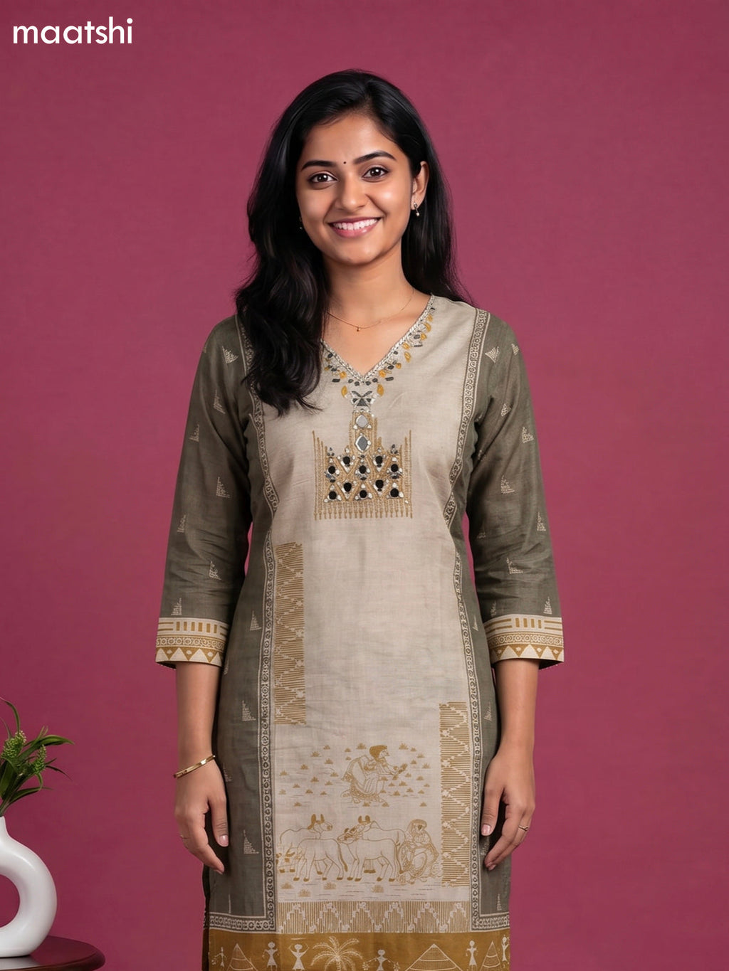 Beige and Mustard Yellow Dola Silk Kalamkari Printed & Mirror Work Straight Suit