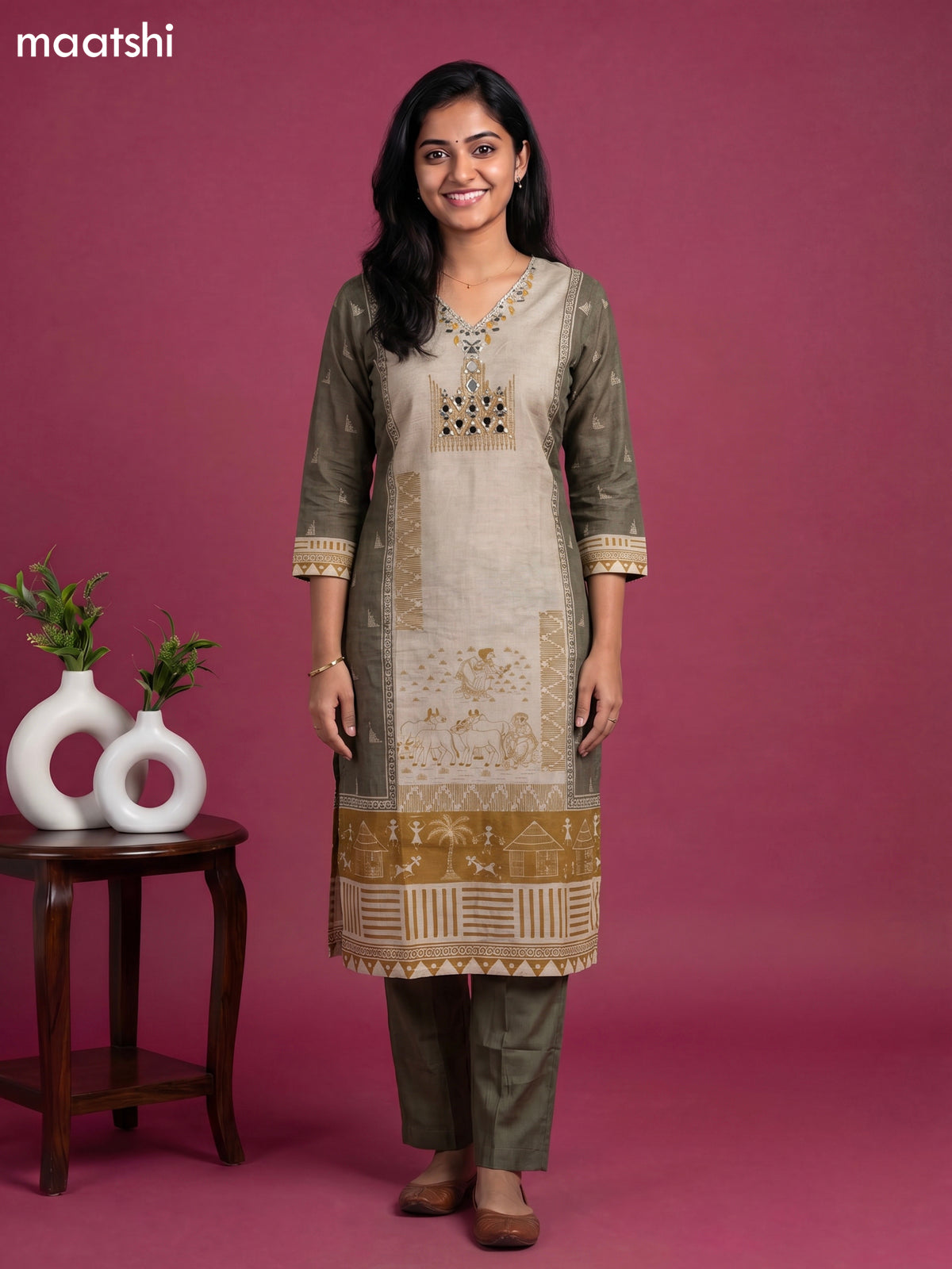 Beige and Mustard Yellow Dola Silk Kalamkari Printed & Mirror Work Straight Suit