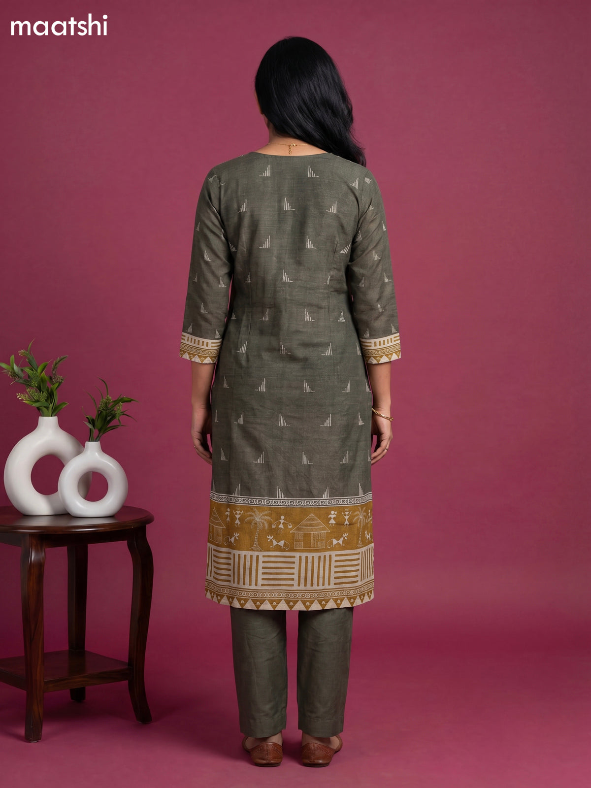 Beige and Mustard Yellow Dola Silk Kalamkari Printed & Mirror Work Straight Suit