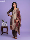 Beige and Maroon Dola Silk Kalamkari Printed & Mirror Work Straight Suit
