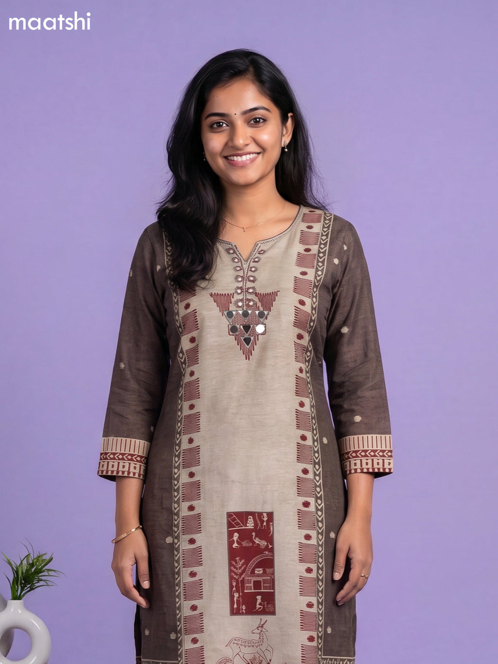 Beige and Maroon Dola Silk Kalamkari Printed & Mirror Work Straight Suit