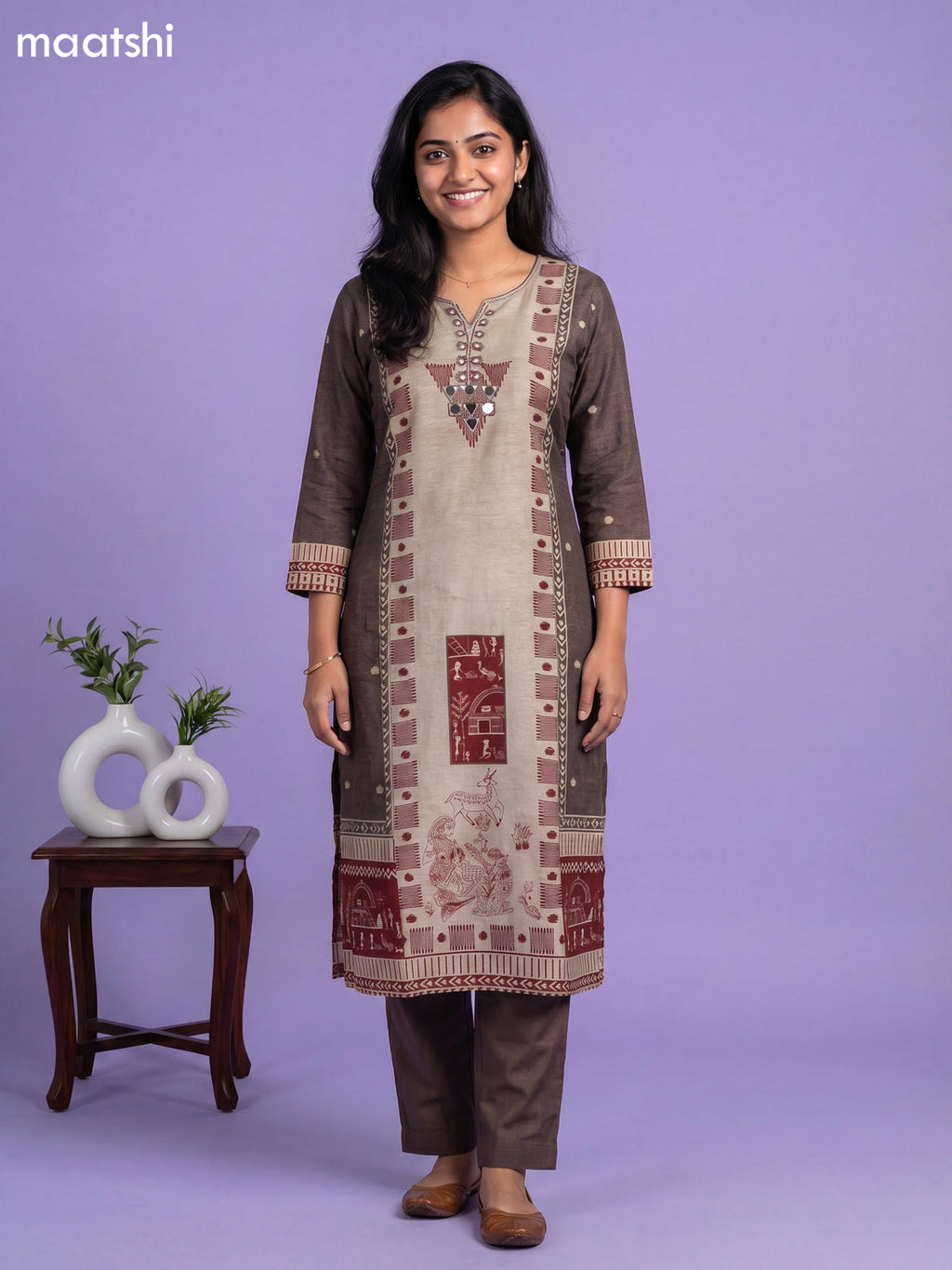 Beige and Maroon Dola Silk Kalamkari Printed & Mirror Work Straight Suit