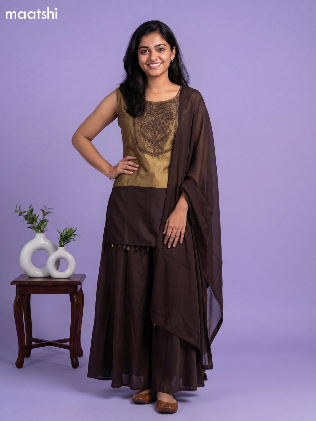 Dark Brown Tissue Embroidery Work Short Straight Suit