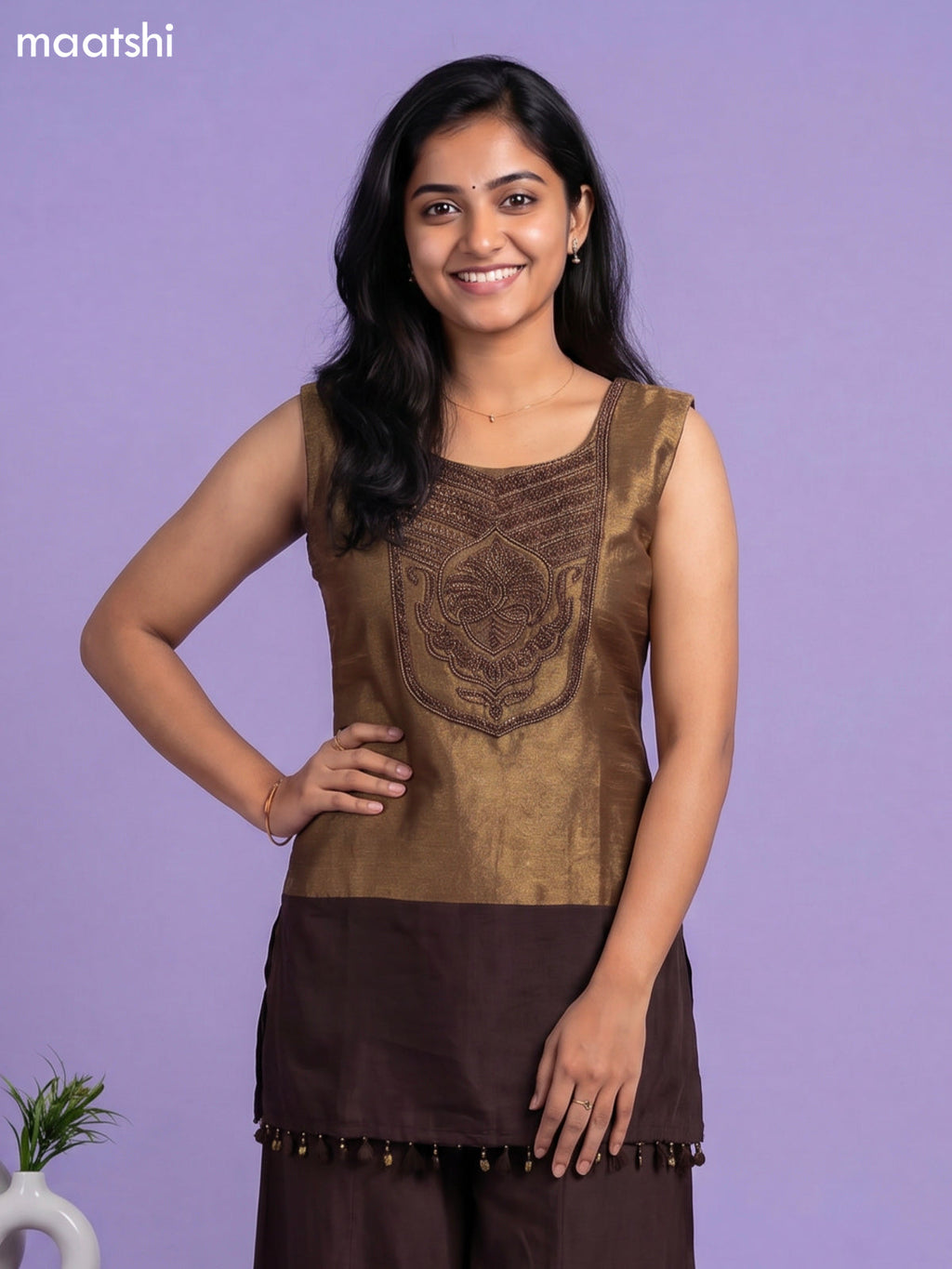 Dark Brown Tissue Embroidery Work Short Straight Suit