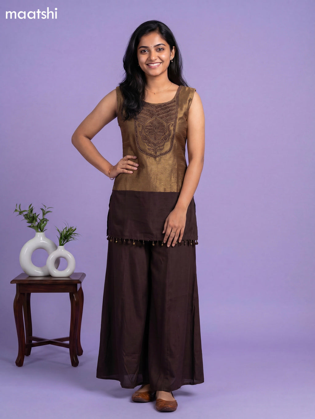 Dark Brown Tissue Embroidery Work Short Straight Suit