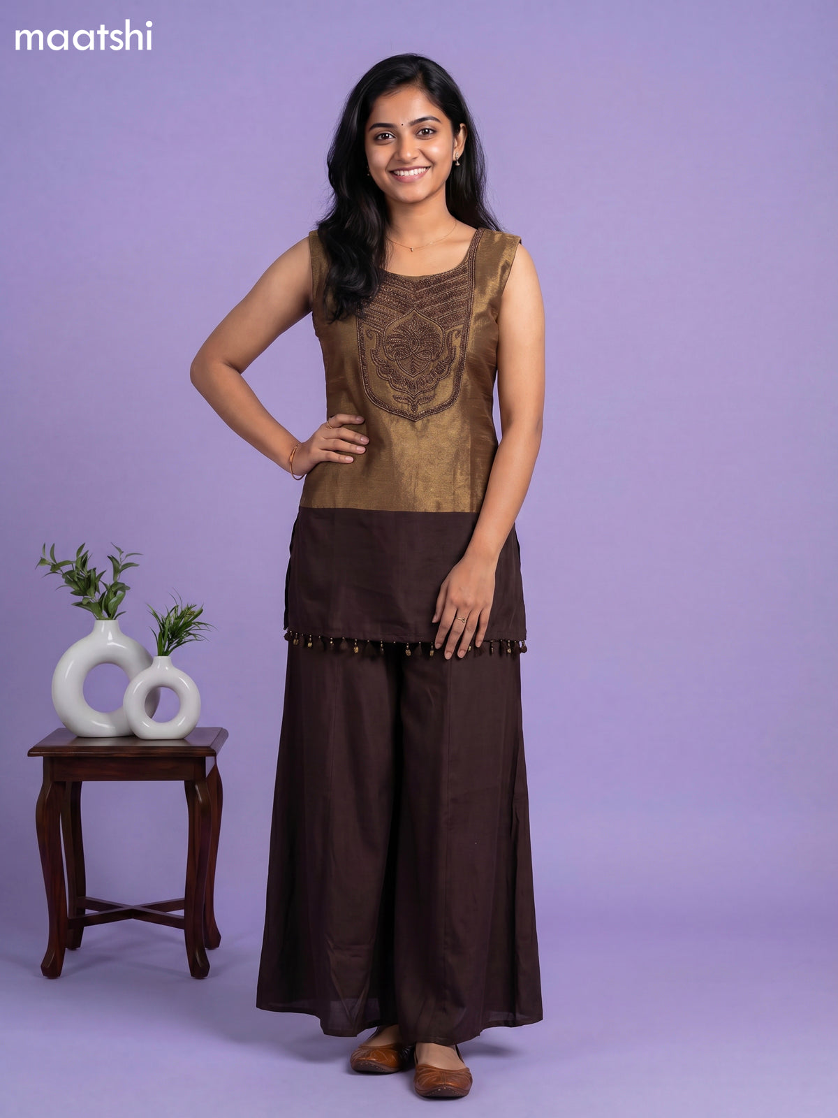 Dark Brown Tissue Embroidery Work Short Straight Suit