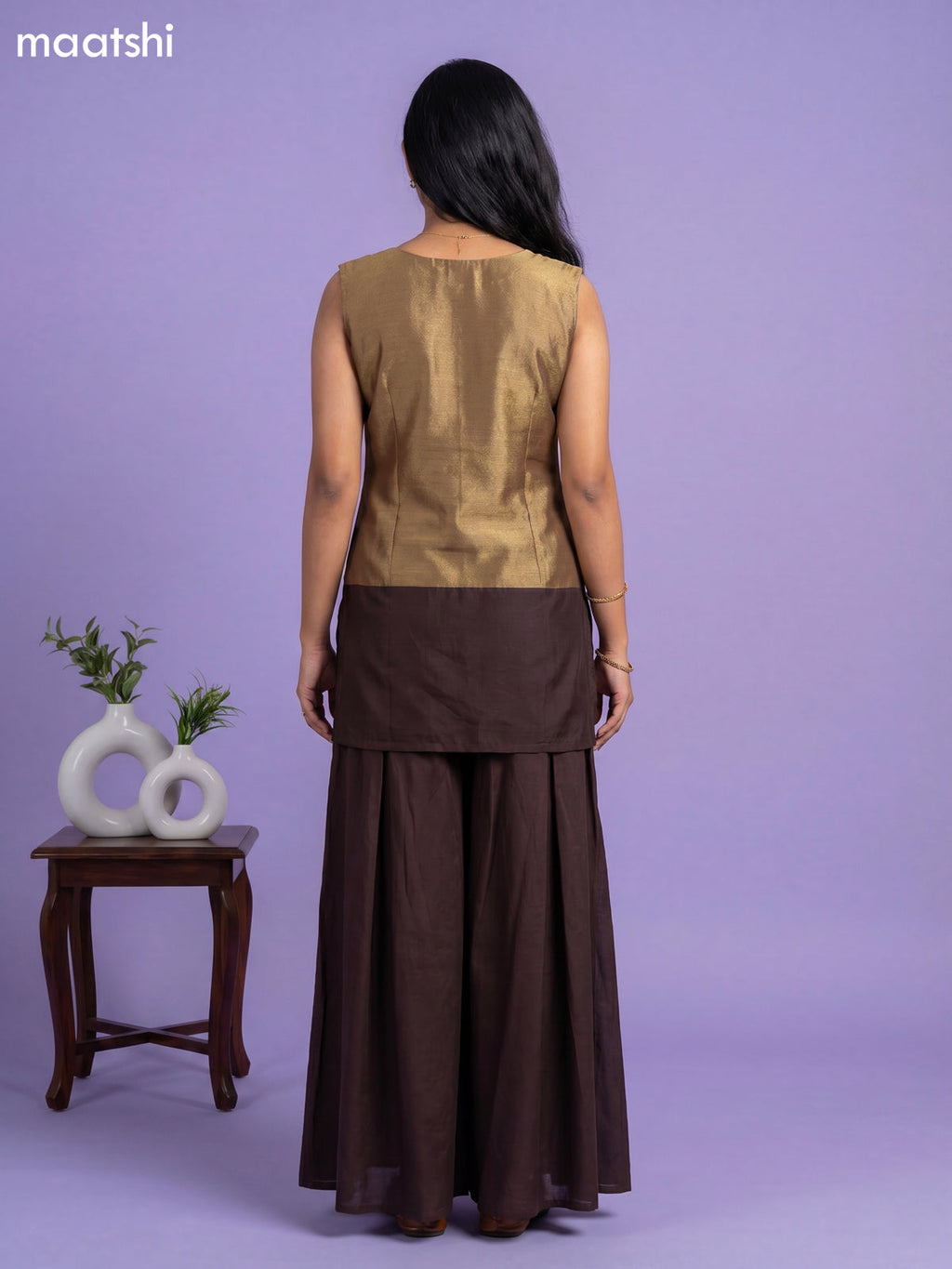Dark Brown Tissue Embroidery Work Short Straight Suit