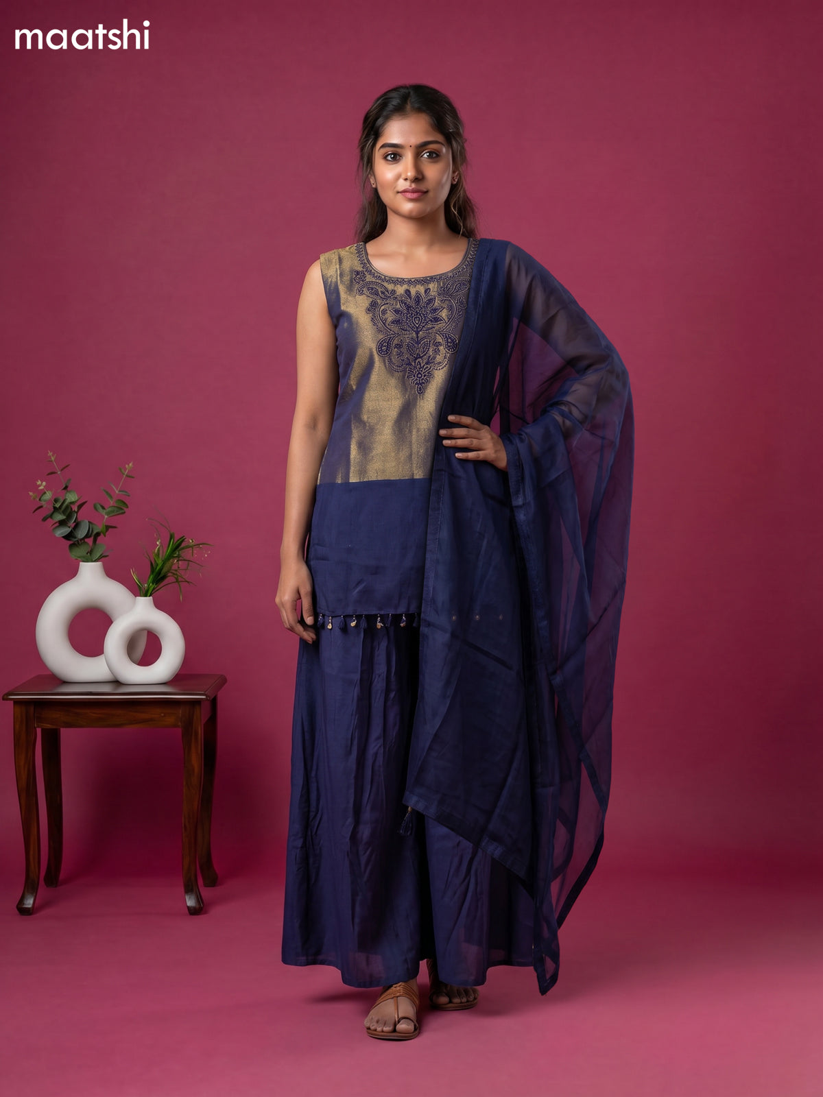Navy Blue Tissue Embroidery Work Short Straight Suit