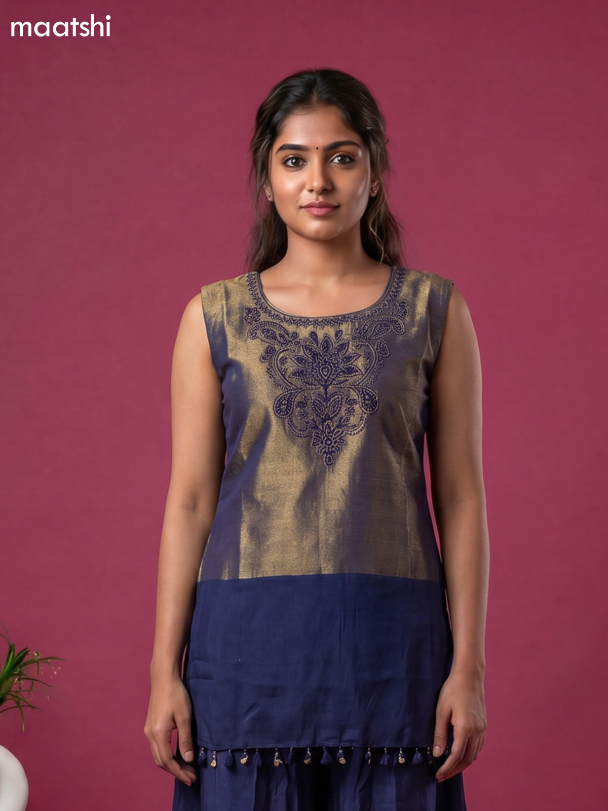 Navy Blue Tissue Embroidery Work Short Straight Suit