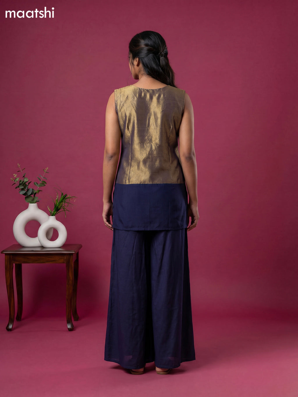 Navy Blue Tissue Embroidery Work Short Straight Suit