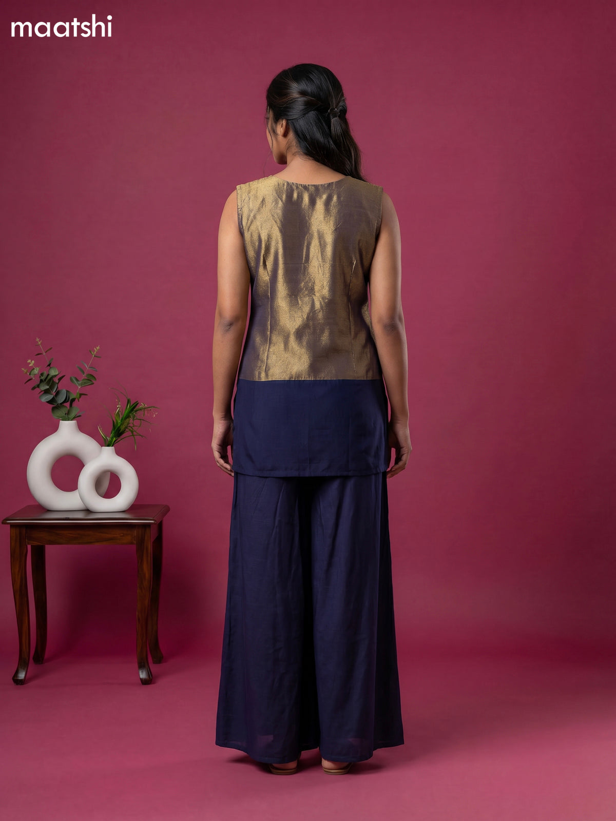 Navy Blue Tissue Embroidery Work Short Straight Suit