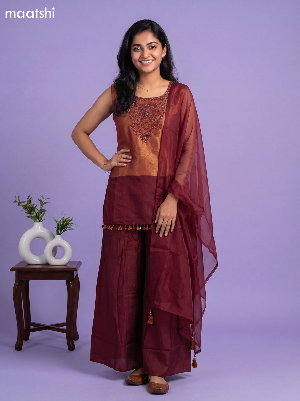 Maroon Tissue Embroidery Work Short Straight Suit