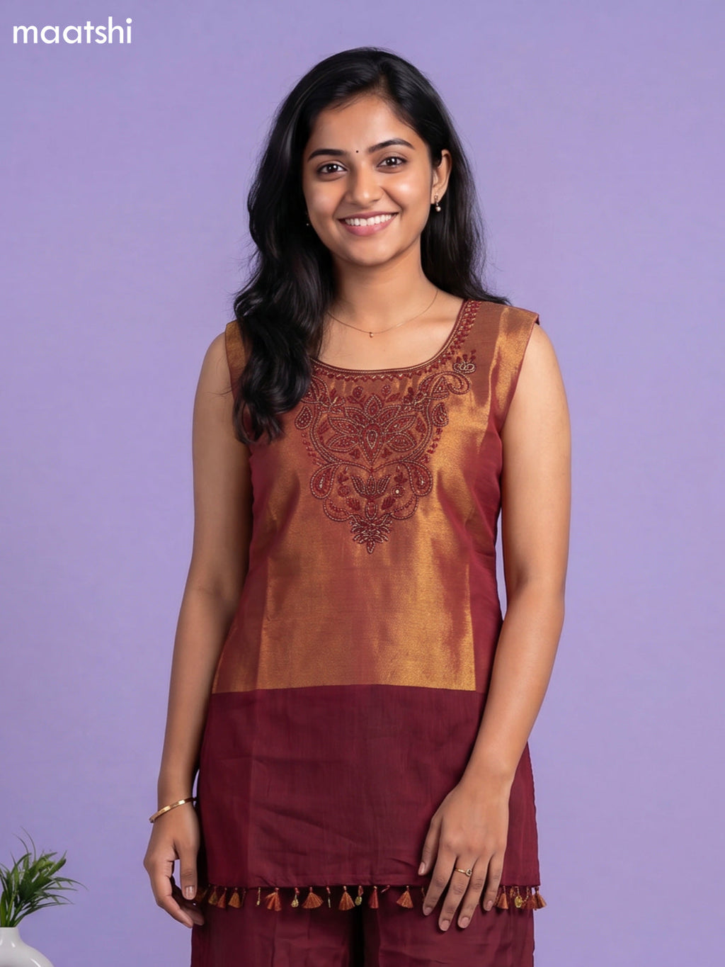 Maroon Tissue Embroidery Work Short Straight Suit