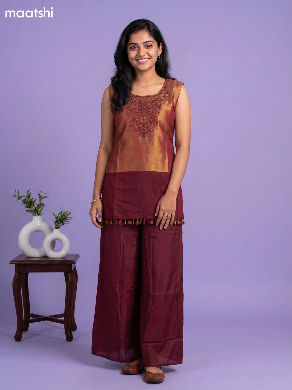Maroon Tissue Embroidery Work Short Straight Suit
