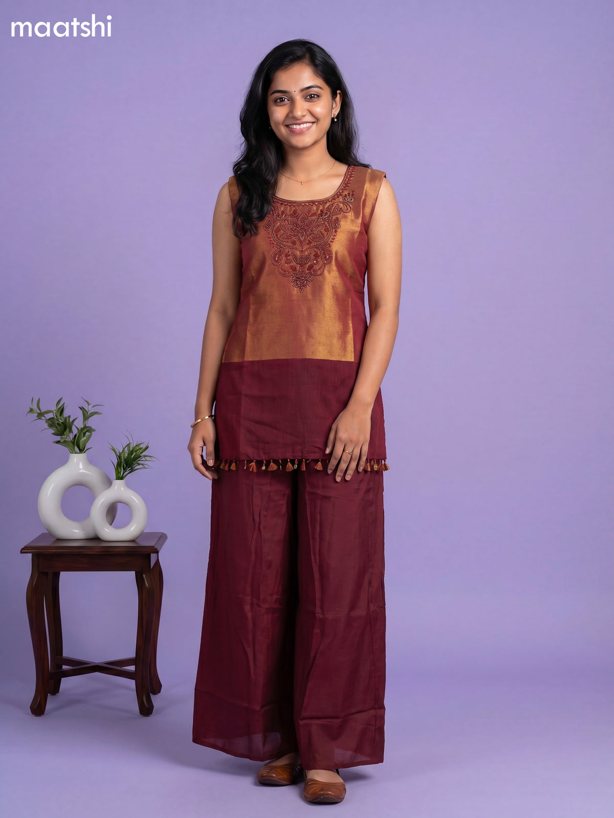 Maroon Tissue Embroidery Work Short Straight Suit