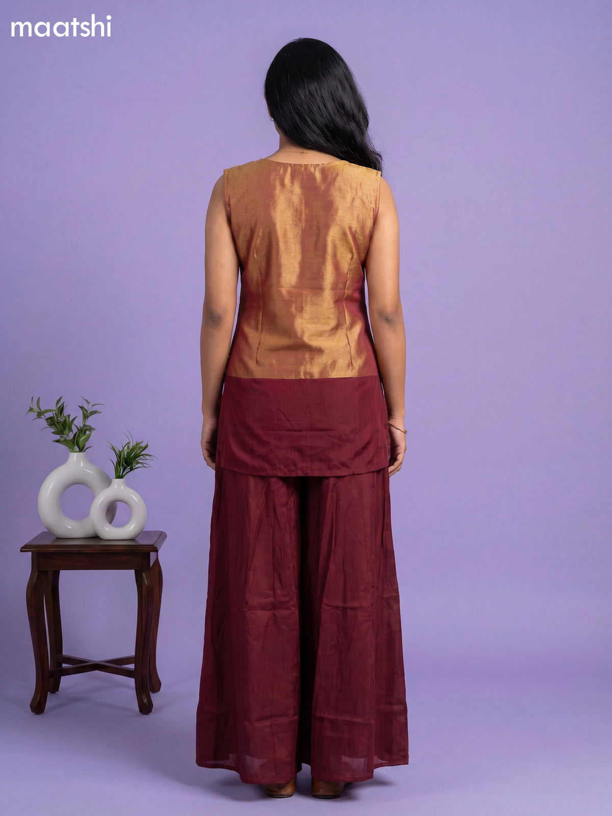 Maroon Tissue Embroidery Work Short Straight Suit