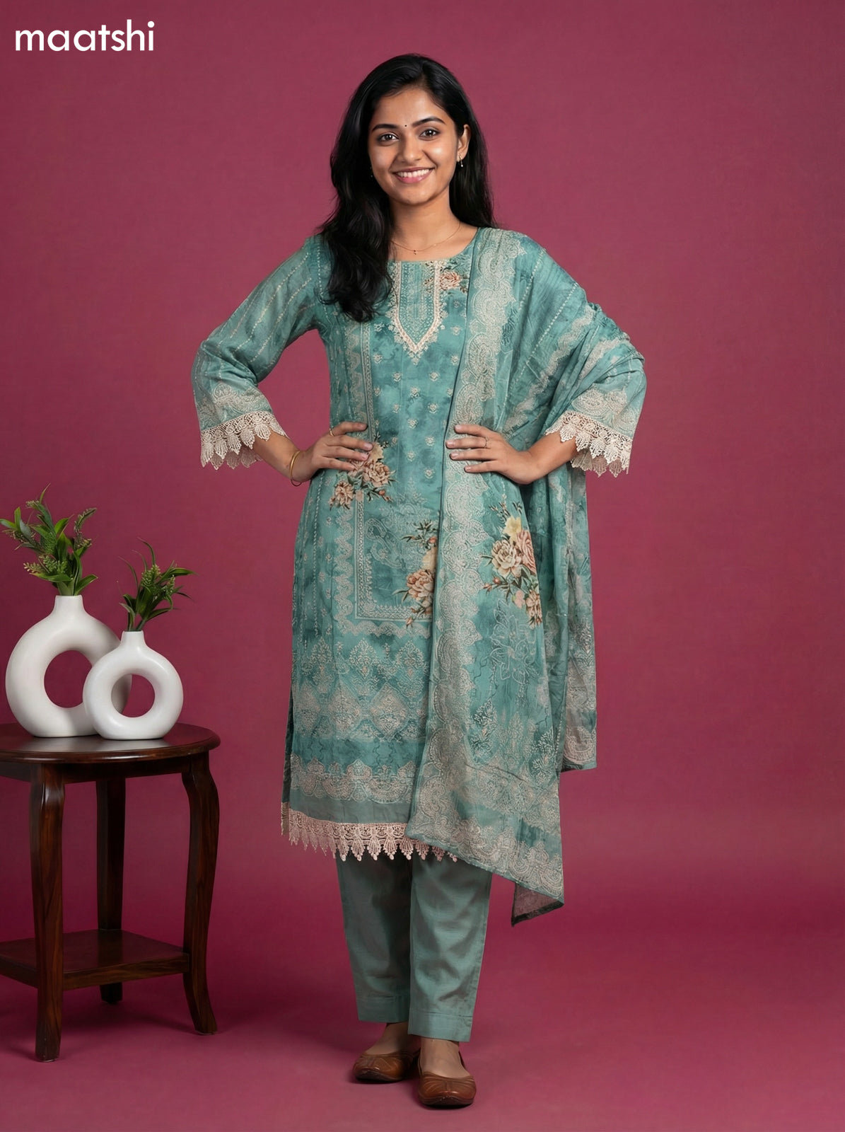 Pastel Green Muslin Floral Printed & Beaded Work Straight Suit