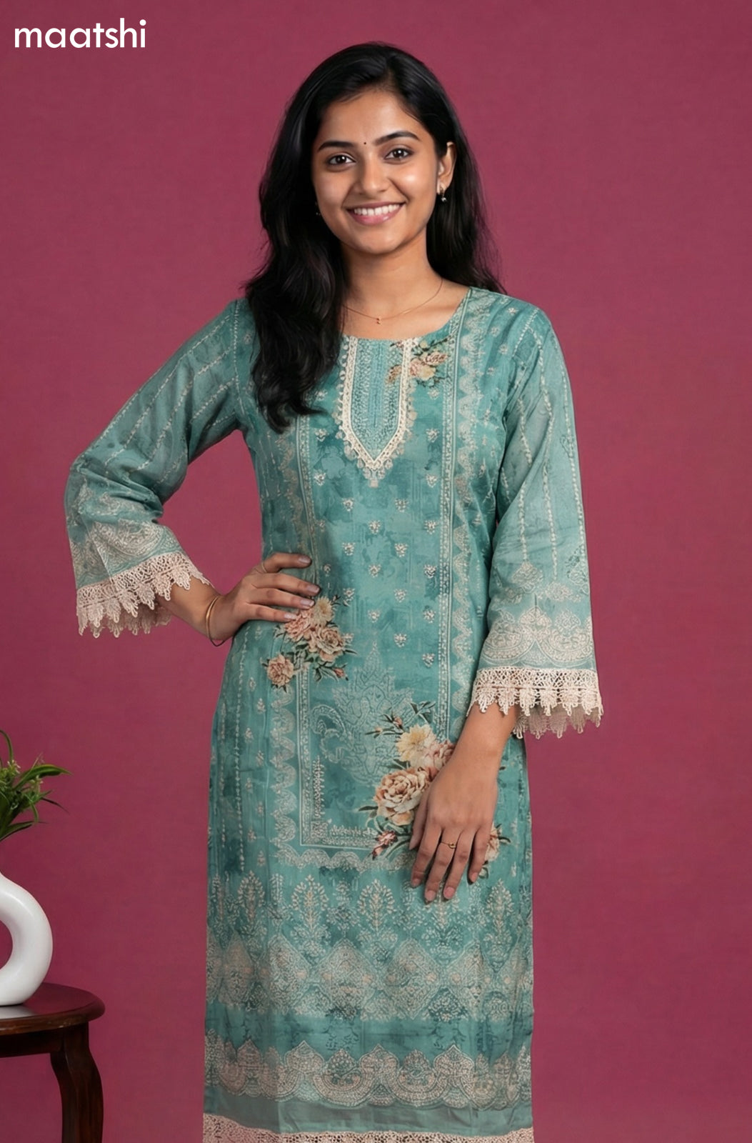 Pastel Green Muslin Floral Printed & Beaded Work Straight Suit