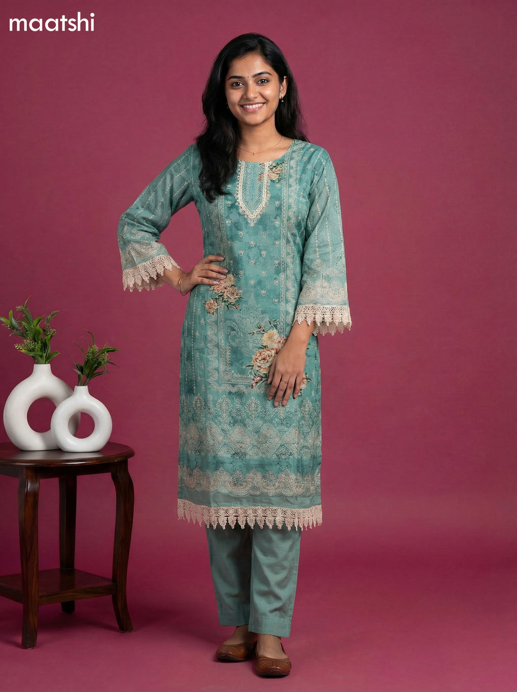 Pastel Green Muslin Floral Printed & Beaded Work Straight Suit
