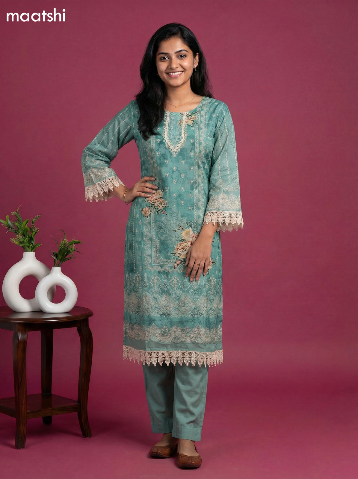 Pastel Green Muslin Floral Printed & Beaded Work Straight Suit