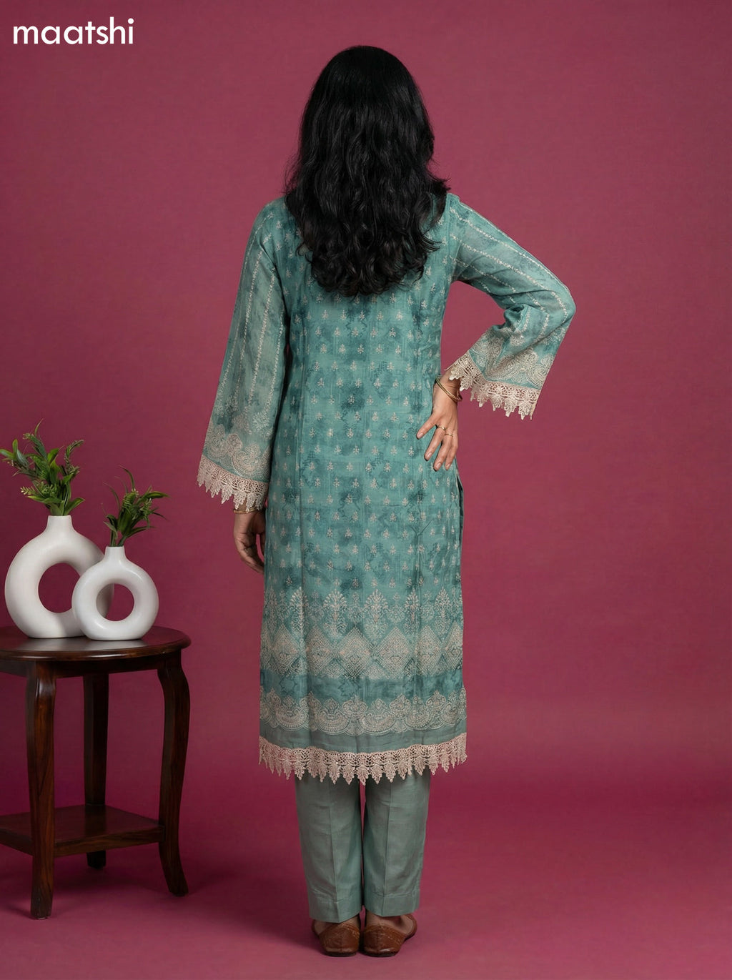 Pastel Green Muslin Floral Printed & Beaded Work Straight Suit