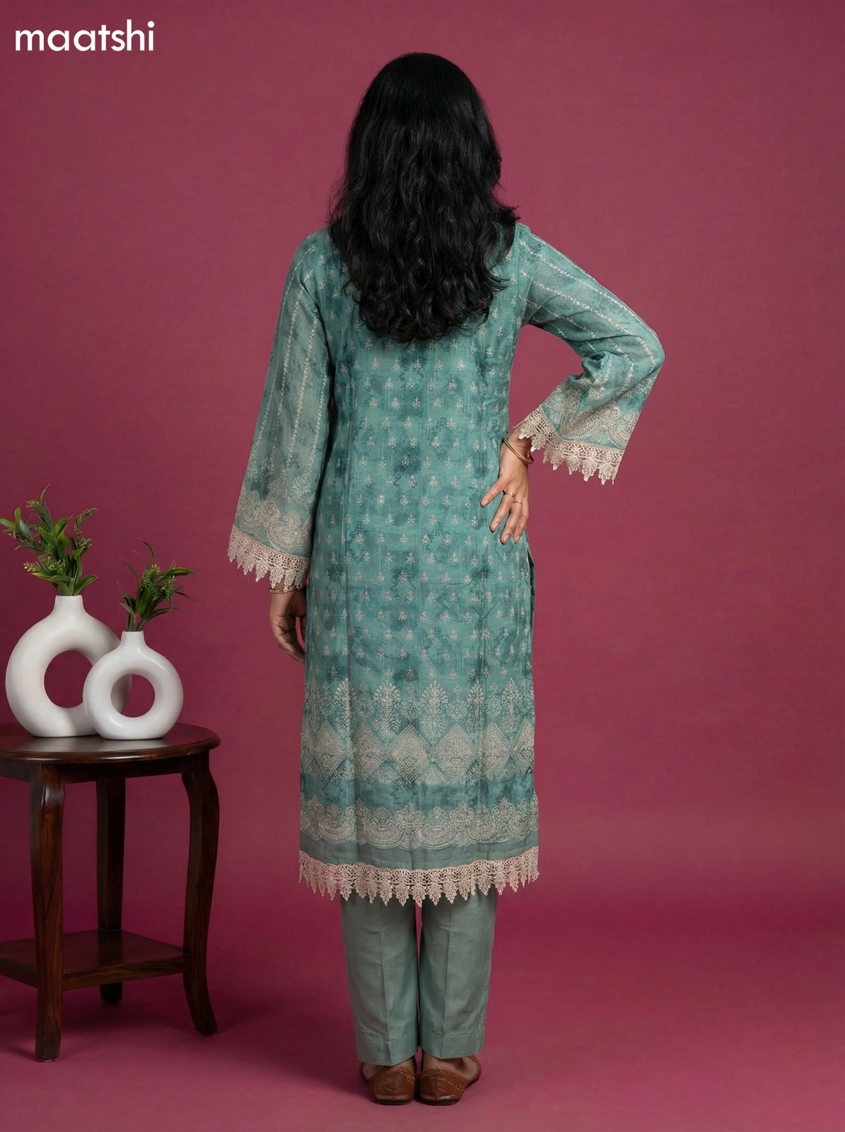 Pastel Green Muslin Floral Printed & Beaded Work Straight Suit