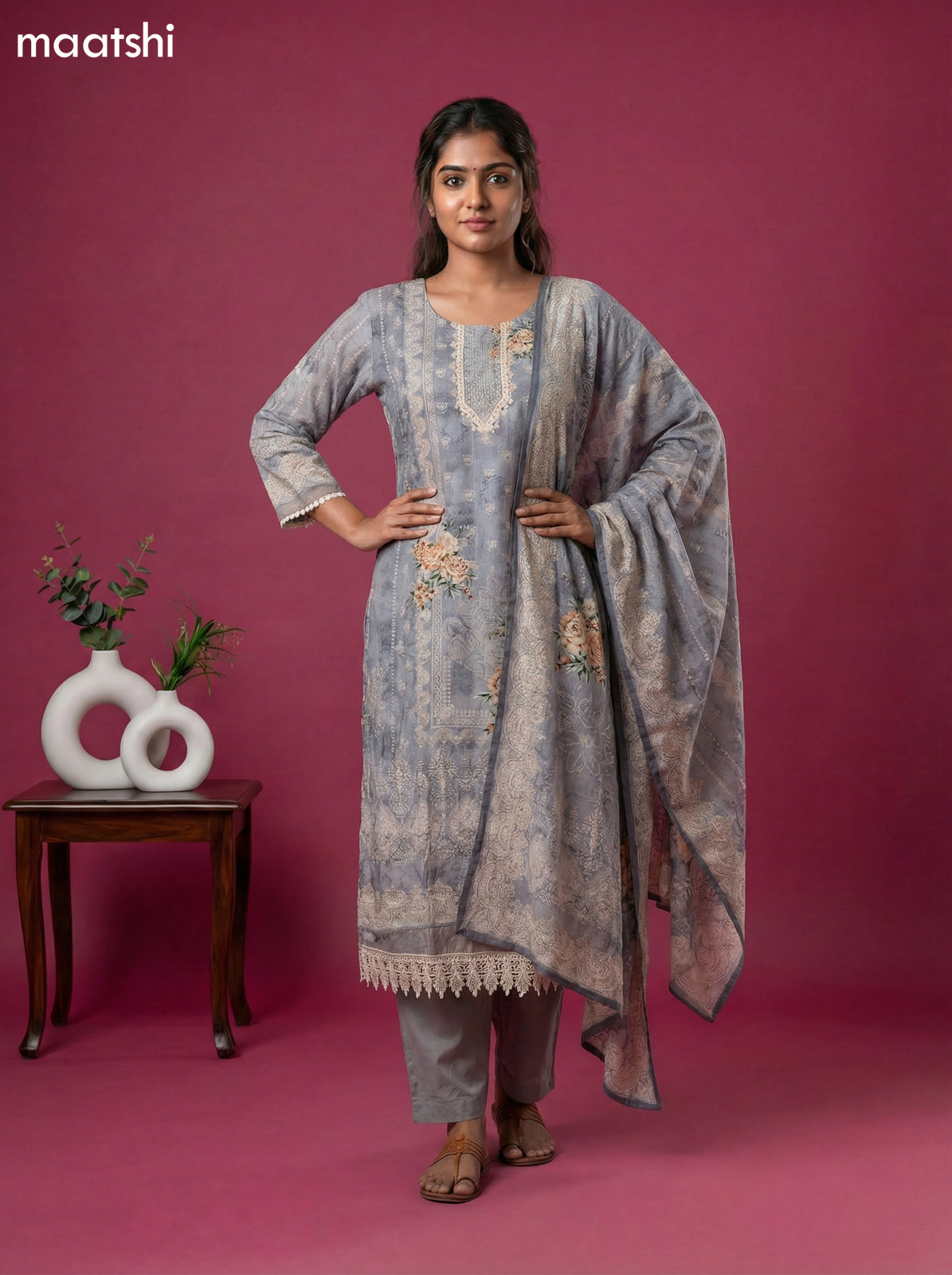 Pastel Grey Muslin Floral Printed & Beaded Work Straight Suit