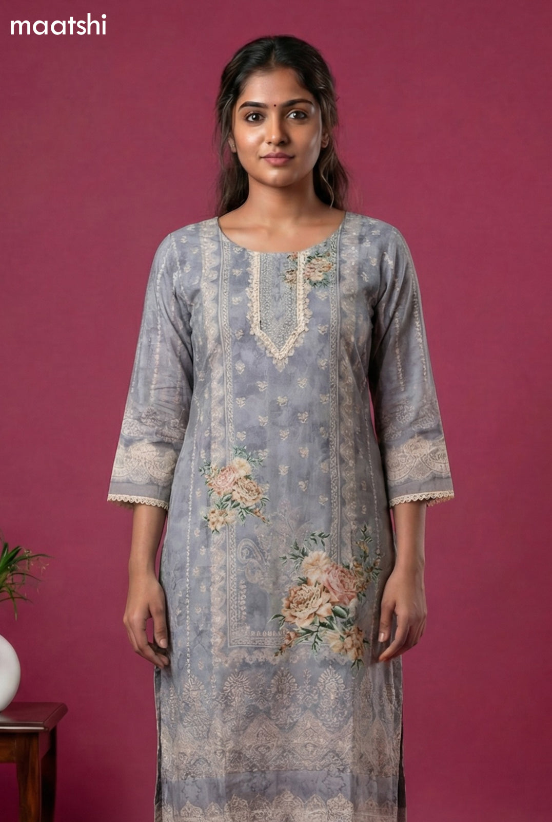 Pastel Grey Muslin Floral Printed & Beaded Work Straight Suit