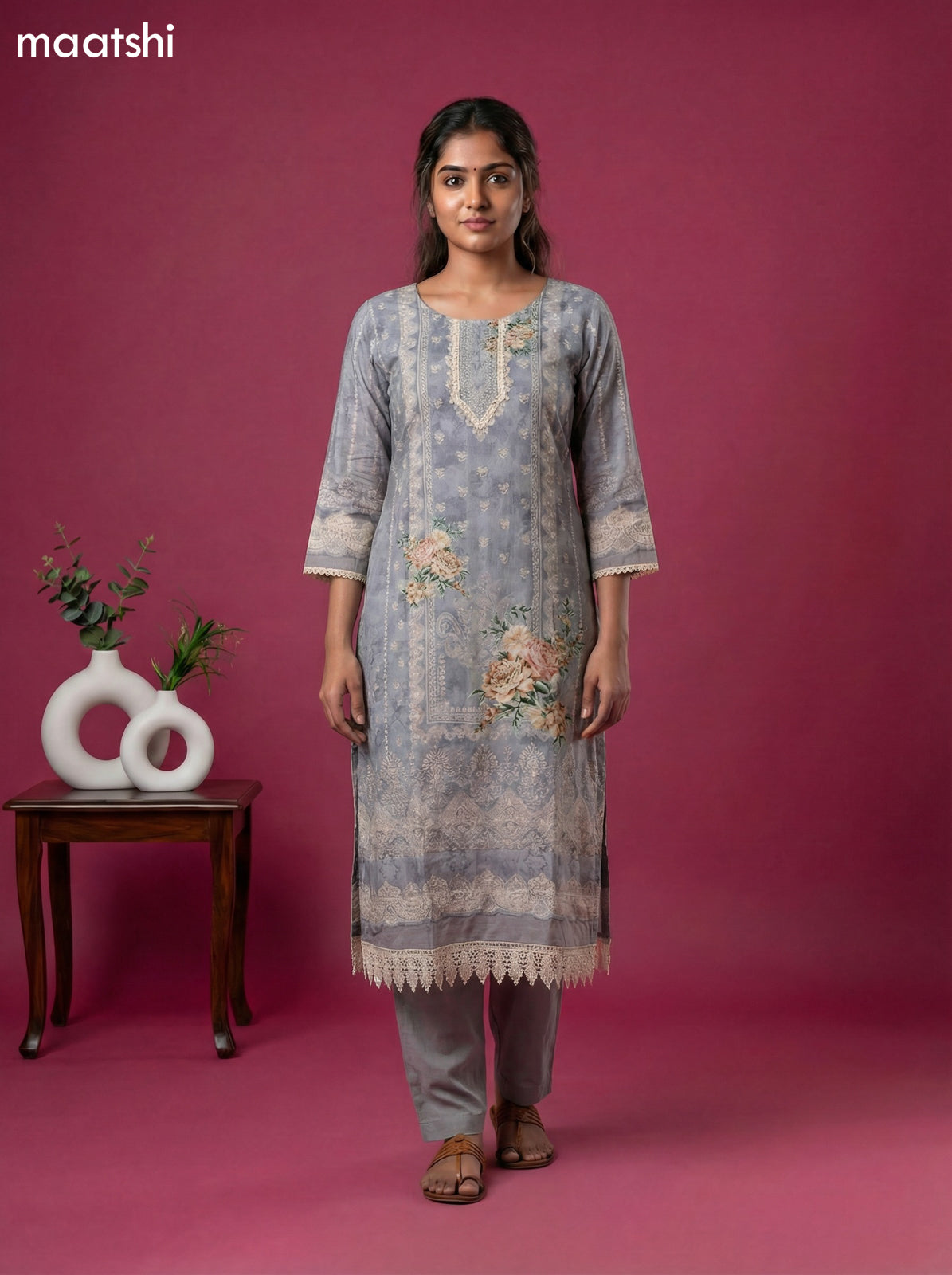 Pastel Grey Muslin Floral Printed & Beaded Work Straight Suit