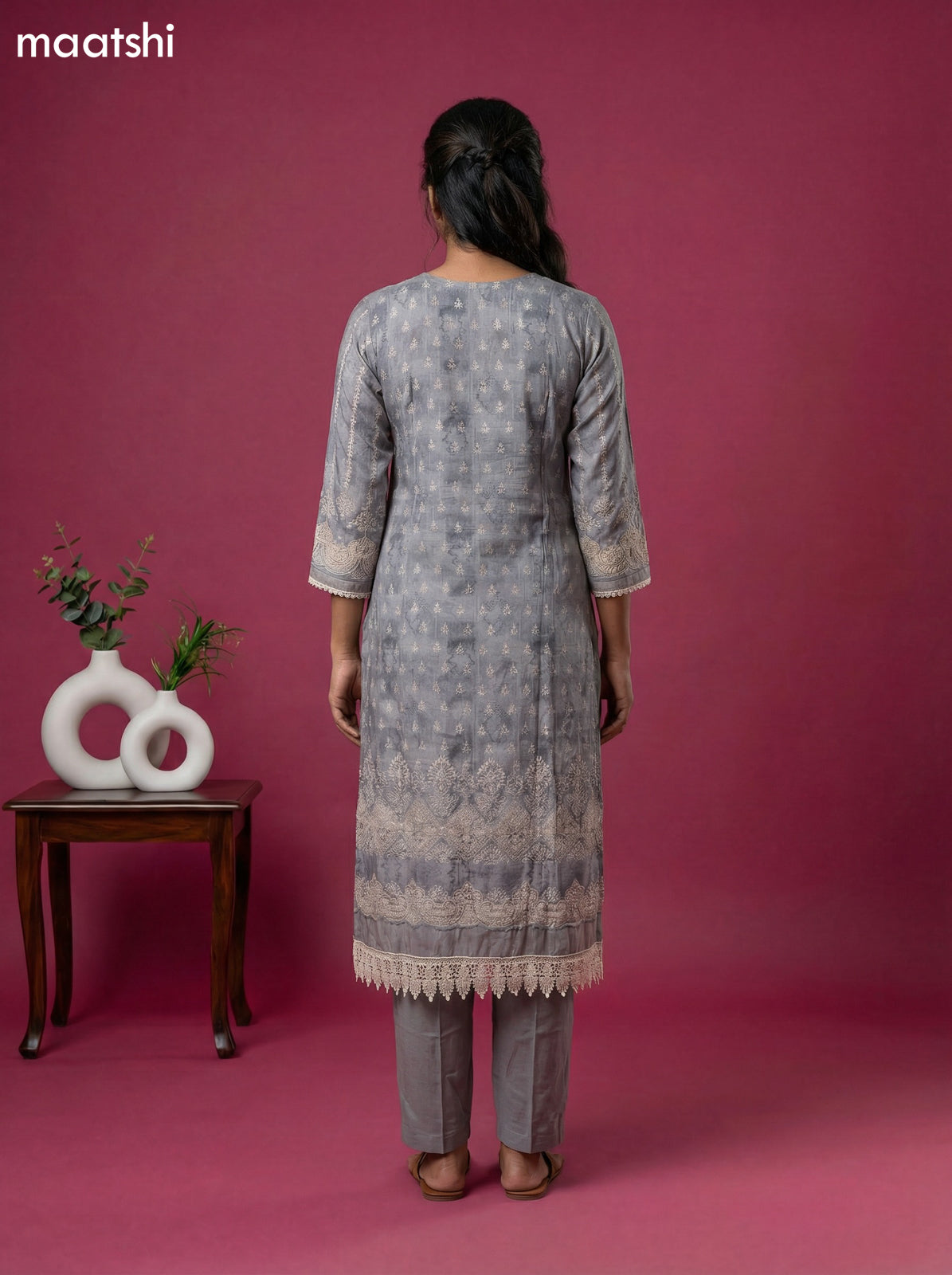 Pastel Grey Muslin Floral Printed & Beaded Work Straight Suit