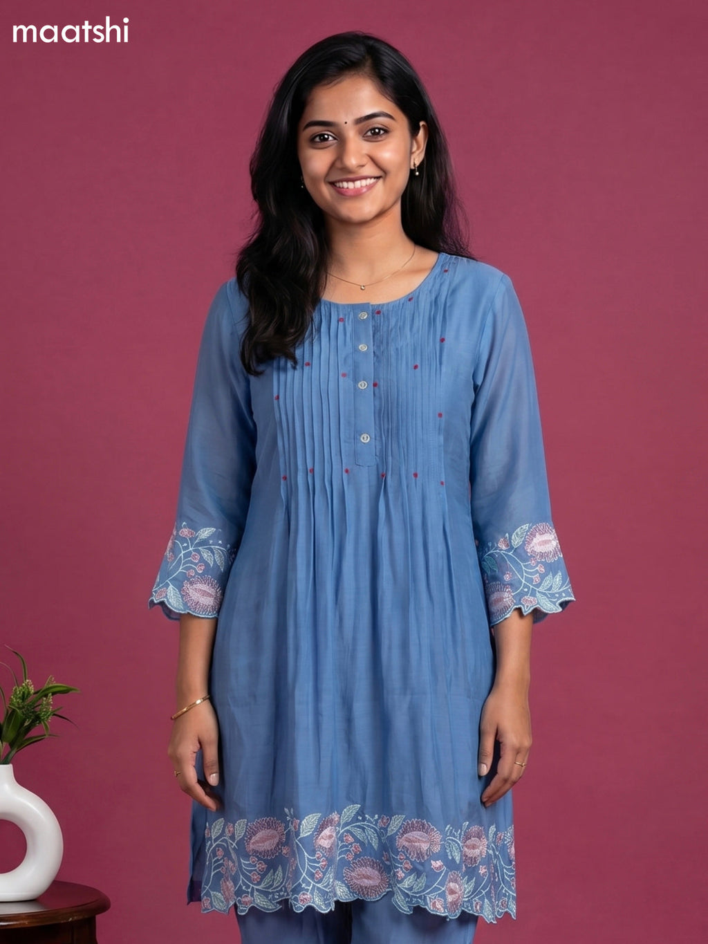 Light Blue Chanderi Embroidery Work Short Kurti Set