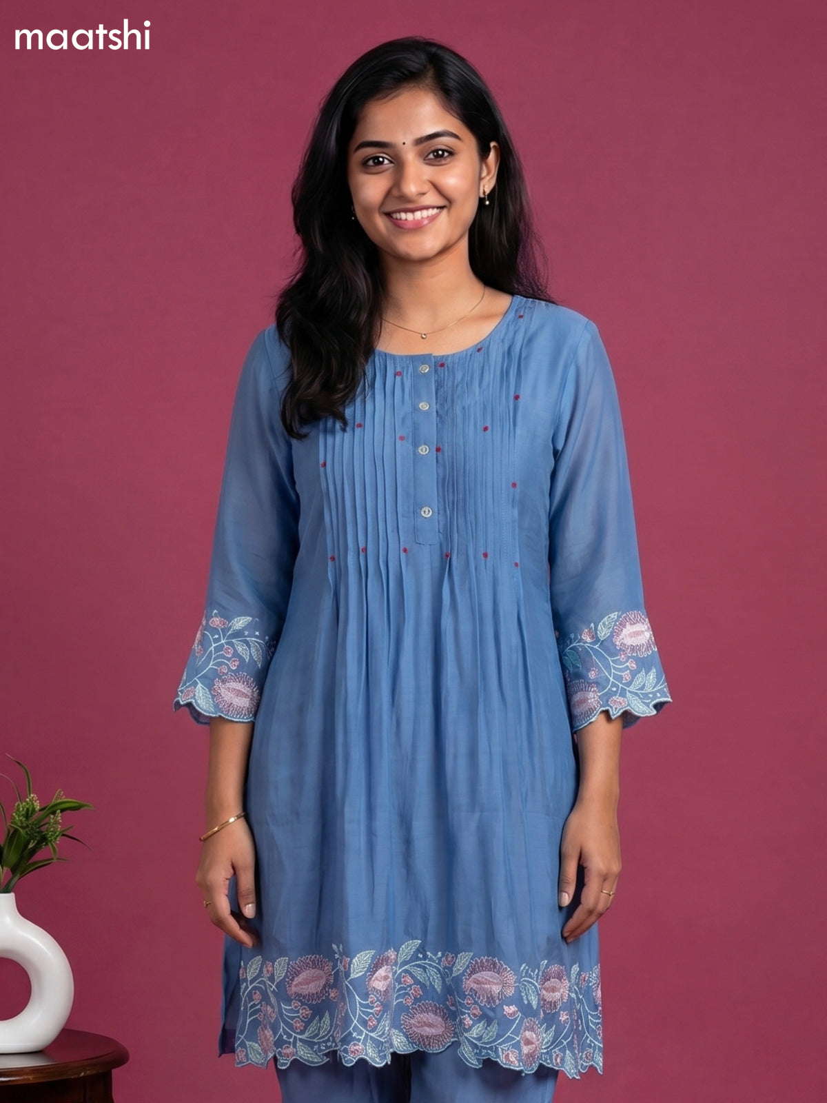 Light Blue Chanderi Embroidery Work Short Kurti Set