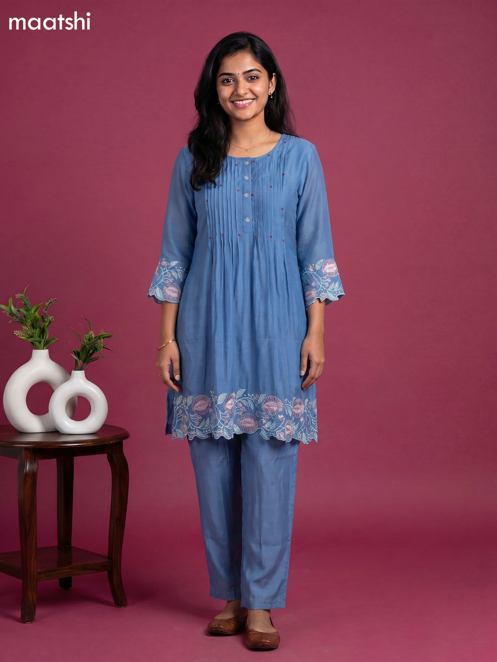 Light Blue Chanderi Embroidery Work Short Kurti Set