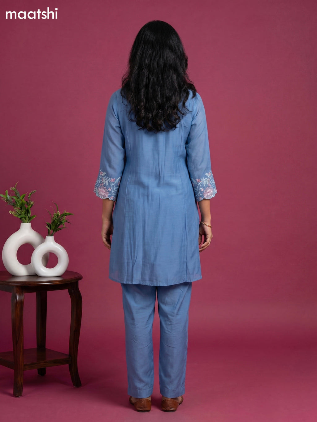Light Blue Chanderi Embroidery Work Short Kurti Set