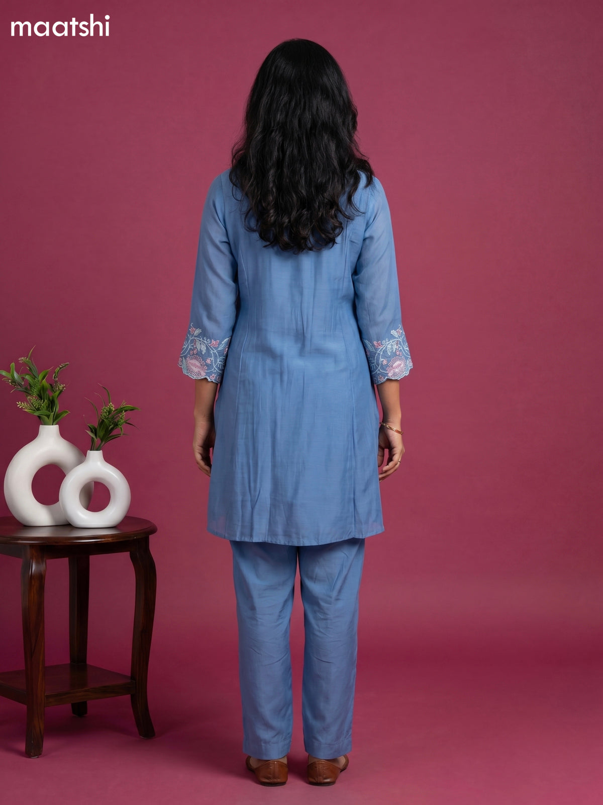 Light Blue Chanderi Embroidery Work Short Kurti Set