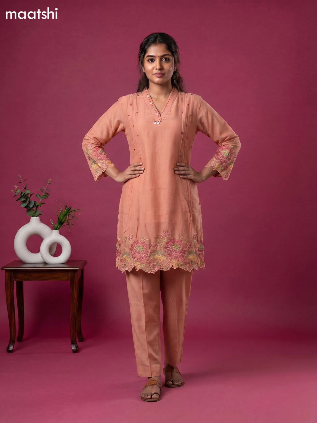 Peach Chanderi Embroidery Work Short Kurti Set