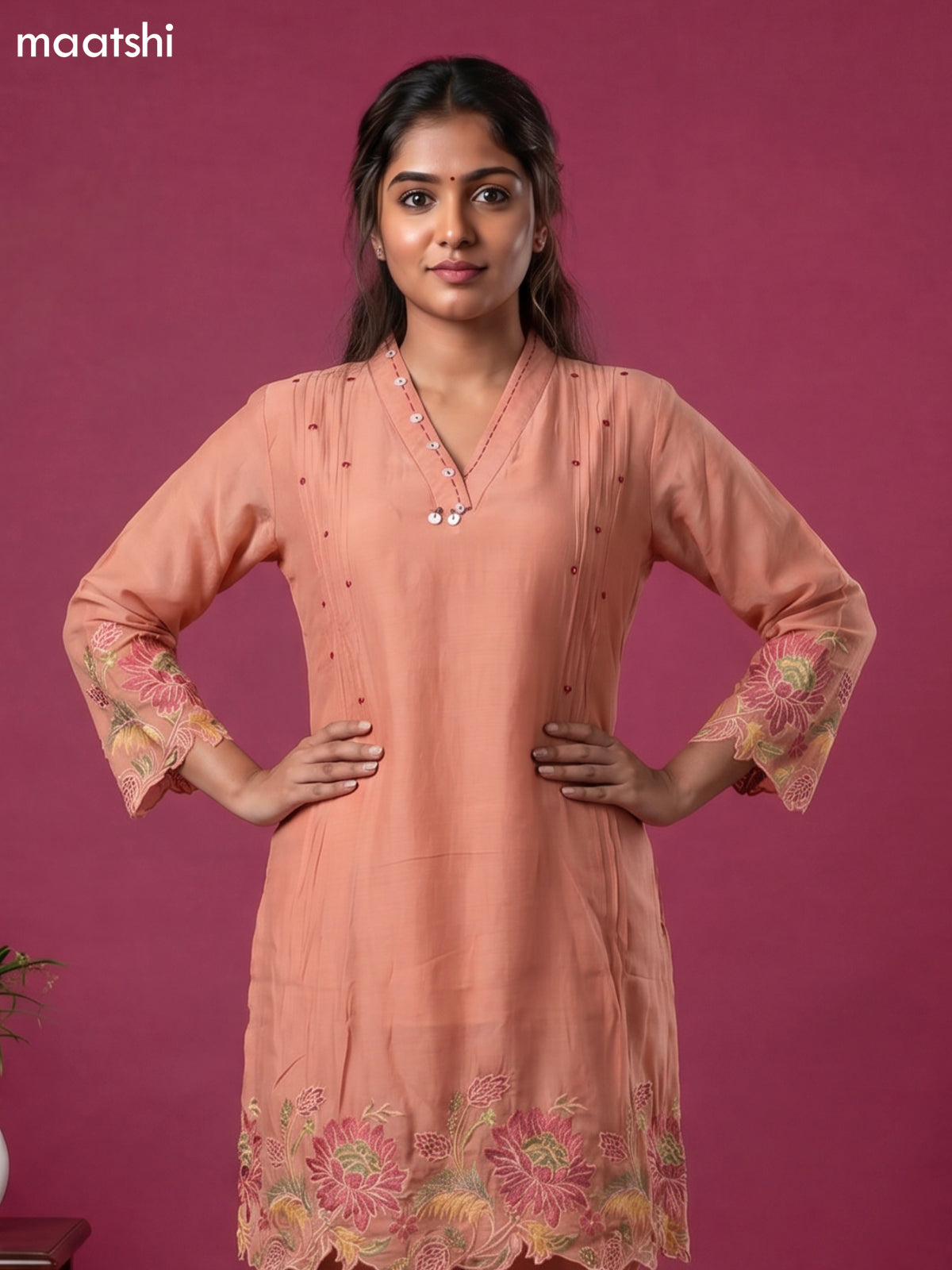 Peach Chanderi Embroidery Work Short Kurti Set