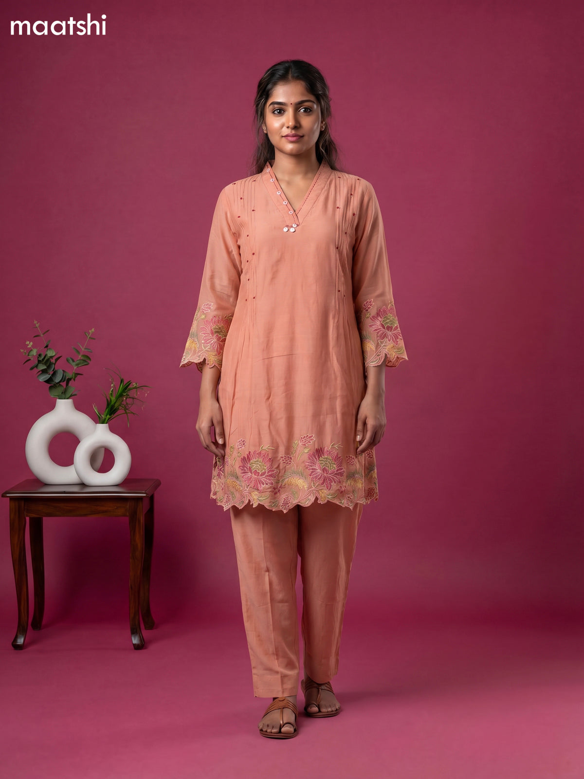Peach Chanderi Embroidery Work Short Kurti Set