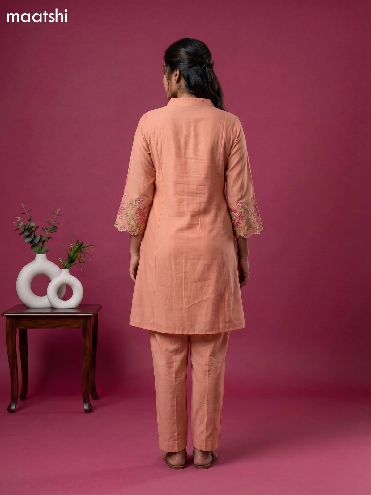 Peach Chanderi Embroidery Work Short Kurti Set