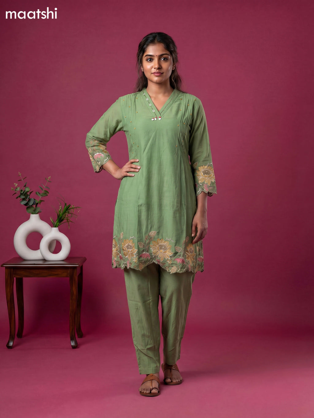 Pista Green Chanderi Embroidery Work Short Kurti Set