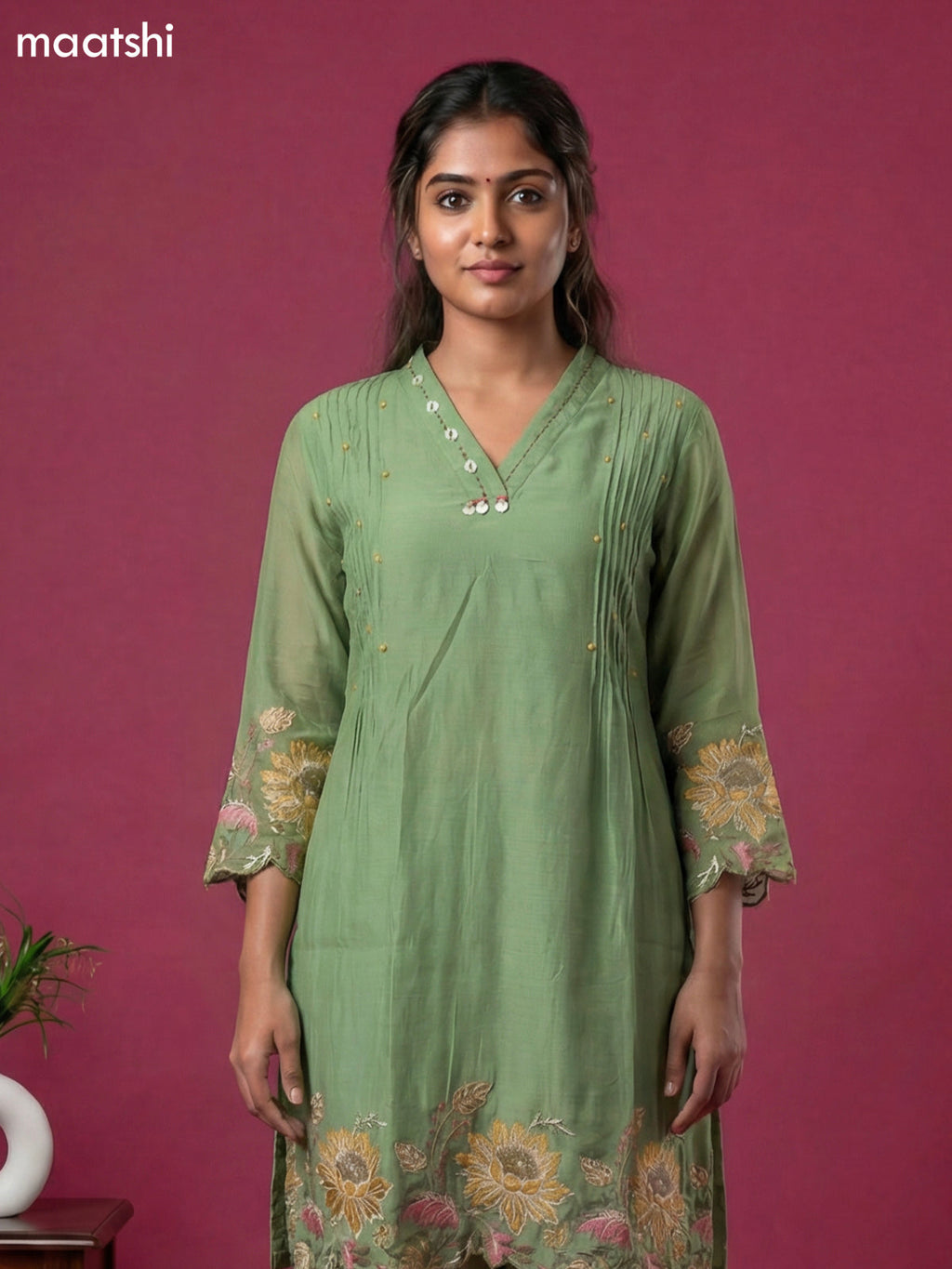 Pista Green Chanderi Embroidery Work Short Kurti Set