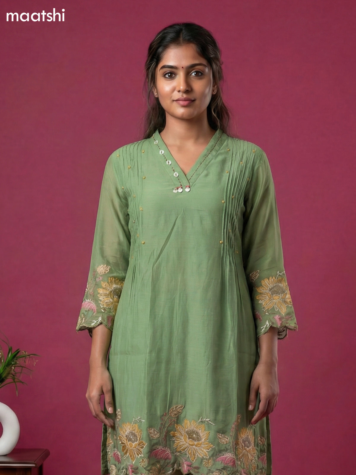 Pista Green Chanderi Embroidery Work Short Kurti Set