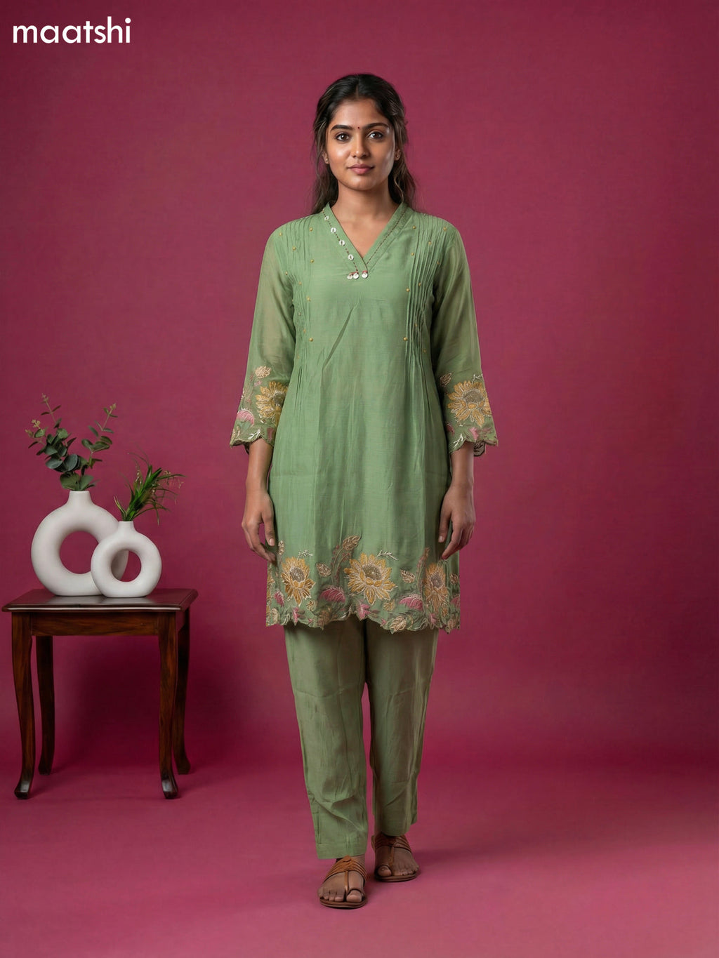 Pista Green Chanderi Embroidery Work Short Kurti Set