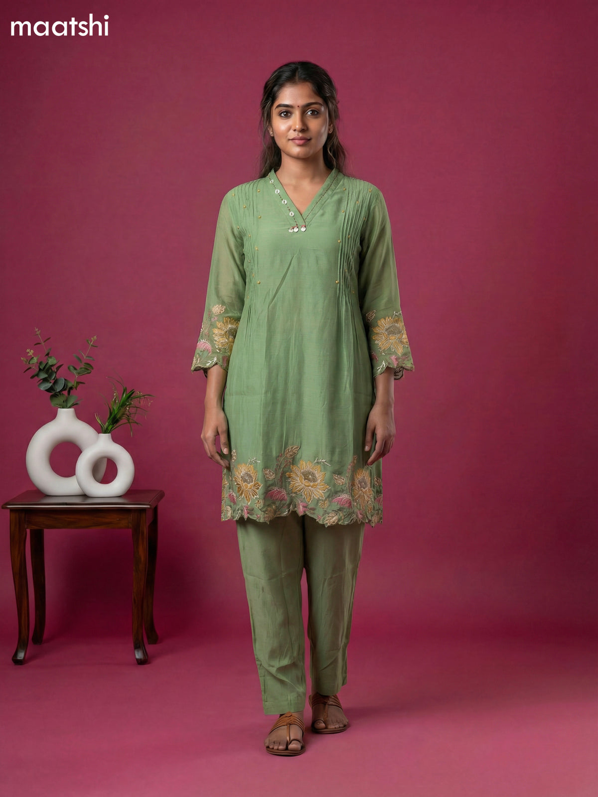 Pista Green Chanderi Embroidery Work Short Kurti Set