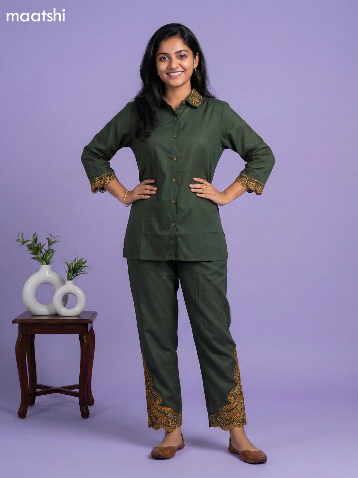 Sap Green and Mustard Yellow Cotton Simple Embroidery Work Short Co-Ord Set