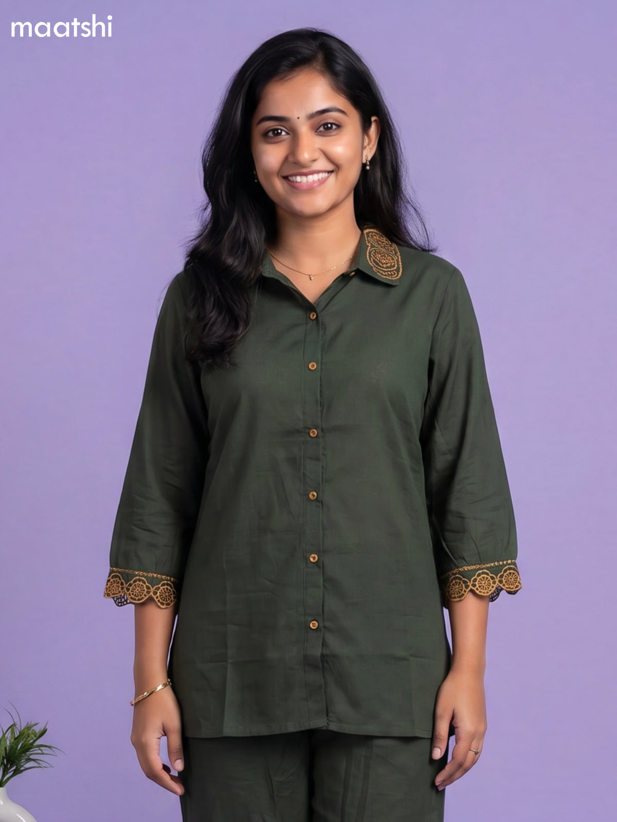 Sap Green and Mustard Yellow Cotton Simple Embroidery Work Short Co-Ord Set