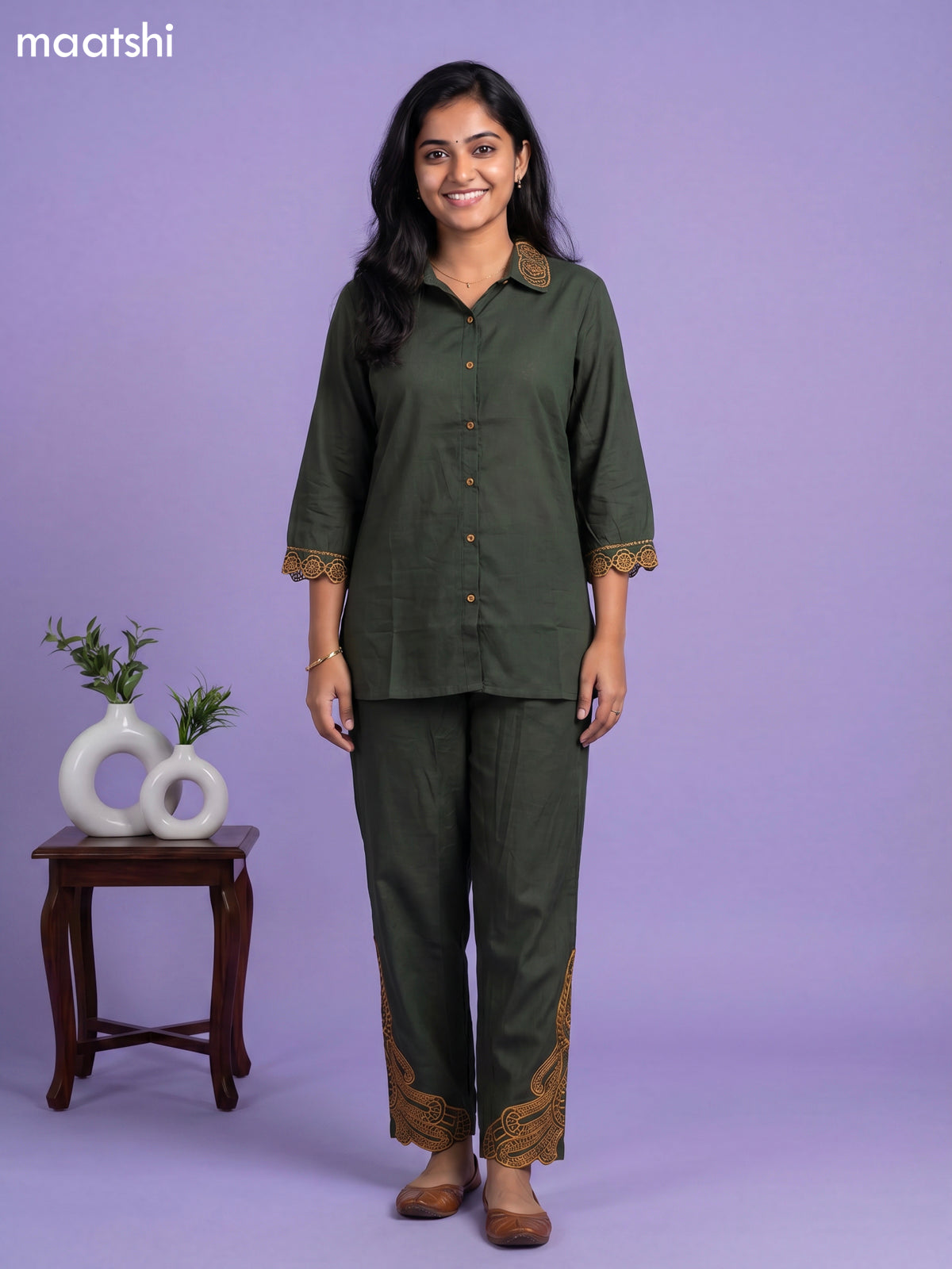 Sap Green and Mustard Yellow Cotton Simple Embroidery Work Short Co-Ord Set
