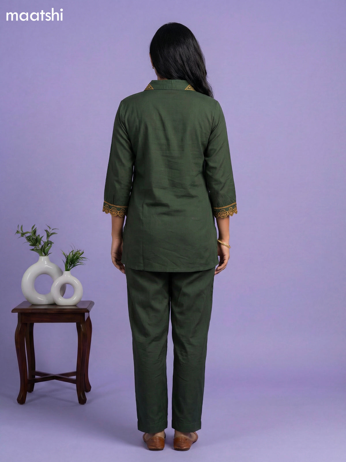 Sap Green and Mustard Yellow Cotton Simple Embroidery Work Short Co-Ord Set