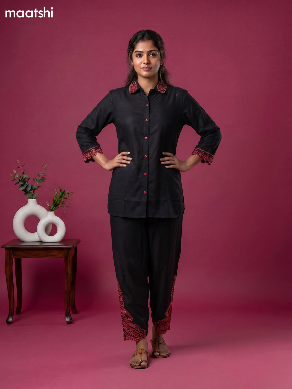 Black and Peach Shade Cotton Simple Embroidery Work Short Co-Ord Set
