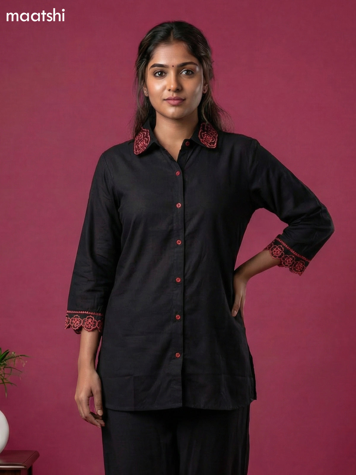 Black and Peach Shade Cotton Simple Embroidery Work Short Co-Ord Set